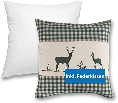 OekoTex Zierkissen 40x40 - Landhaus-Stil Dekokissen mit Reißverschluss, Herzrot karieret, Heller Hintergrund, OEKO-TEX S