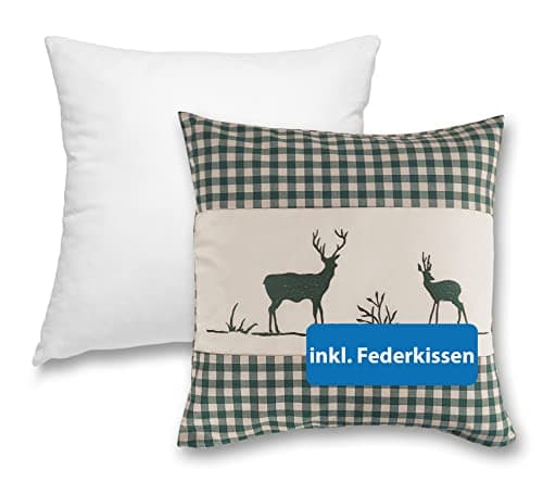 OekoTex Zierkissen 40x40 - Landhaus-Stil Dekokissen mit Reißverschluss, Herzrot karieret, Heller Hintergrund, OEKO-TEX S