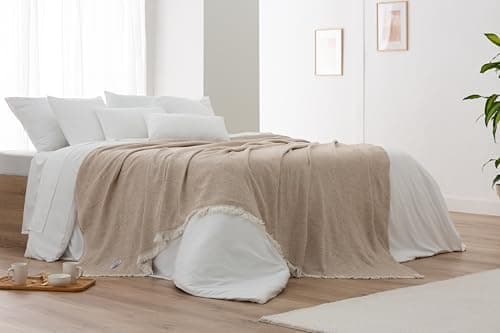 Todocama extra weiche Baumwolldecke Sandbeige, dekorativ für Sofa und Bett,softes Wohnzimmer und Schlafzimmer Accessoire
