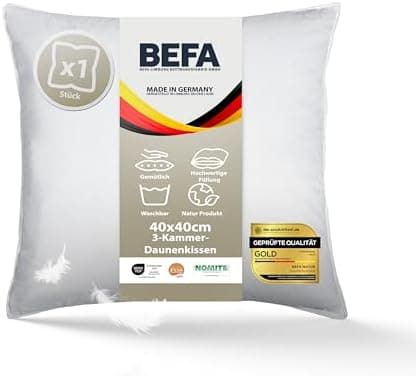 BEFA NATUR Allergiker geeignet 3-Kammer Daunenkissen 550g Füllgewicht 50x50 cm | Tierwohl Oeko-TEX Klasse 1 Made in Germ