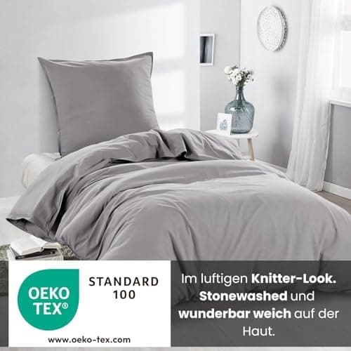 Wometo Bettwäsche Renforce Stone-Washed - Curry Gelb 100% Baumwolle OEKO-TEX Weich Modern Used-Look Leinen-Optik OEKO-TE