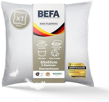 BEFA NATUR Allergiker geeignet 3-Kammer Daunenkissen 550g Füllgewicht 50x50 cm | Tierwohl Oeko-TEX Klasse 1 Made in Germ