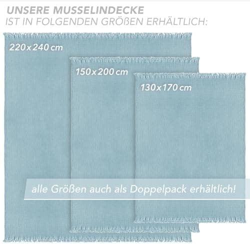 Oeko-Tex zertifizierte Musselin Tagesdecke 220x240cm Hellblau | Couch- & Sofadecke XXL | Baumwolle Qualität