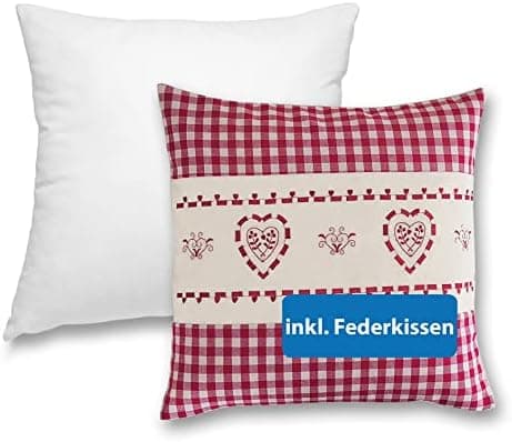 OekoTex Zierkissen 40x40 - Landhaus-Stil Dekokissen mit Reißverschluss, Herzrot karieret, Heller Hintergrund, OEKO-TEX S