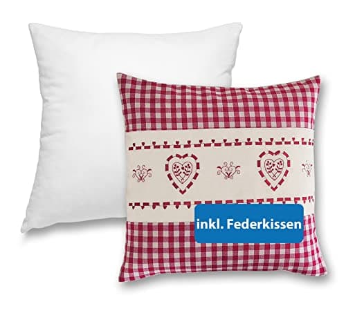 OekoTex Zierkissen 40x40 - Landhaus-Stil Dekokissen mit Reißverschluss, Herzrot karieret, Heller Hintergrund, OEKO-TEX S