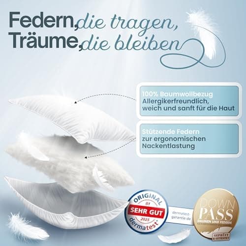 Kopfkissen Federkissen mit 100% Federfüllung – Atemaktiv – 80x80 cm – Optimale Stützkraft für erholsamen Schlaf (2er Set