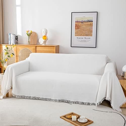 GAOWEI Premium Tagesdecke Grau - Multiwertige Sofa Cover 180x230cm - Dekorative Fransen, Groß Waffelmuster, als Bett- un