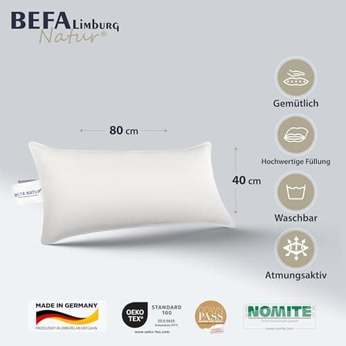 BEFA NATUR Allergiker geeignet 3-Kammer Daunenkissen 550g Füllgewicht 50x50 cm | Tierwohl Oeko-TEX Klasse 1 Made in Germ