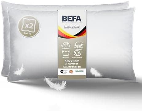 BEFA NATUR Allergiker geeignet 3-Kammer Daunenkissen 550g Füllgewicht 50x50 cm | Tierwohl Oeko-TEX Klasse 1 Made in Germ