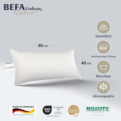 BEFA NATUR Allergiker geeignet 3-Kammer Daunenkissen 550g Füllgewicht 50x50 cm | Tierwohl Oeko-TEX Klasse 1 Made in Germ