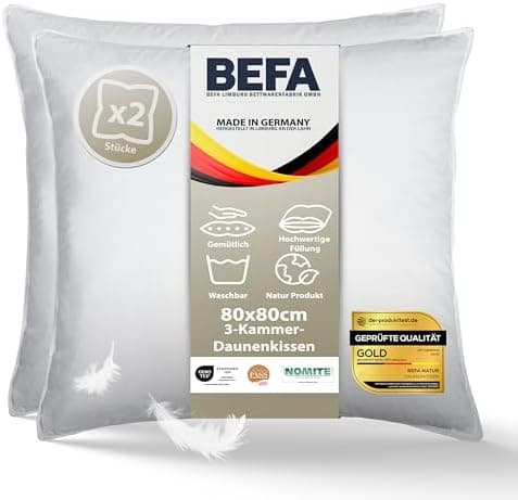 BEFA NATUR Allergiker geeignet 3-Kammer Daunenkissen 550g Füllgewicht 50x50 cm | Tierwohl Oeko-TEX Klasse 1 Made in Germ