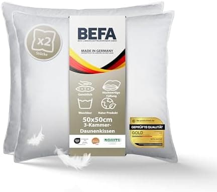 BEFA NATUR Allergiker geeignet 3-Kammer Daunenkissen 550g Füllgewicht 50x50 cm | Tierwohl Oeko-TEX Klasse 1 Made in Germ