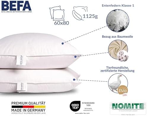 BEFA NATUR Federkissen 80x80 cm (2 Stück) | 100% Federn | Tierwohl zertifiziert | Allergiker geeignet | OEKO-TEX Klasse