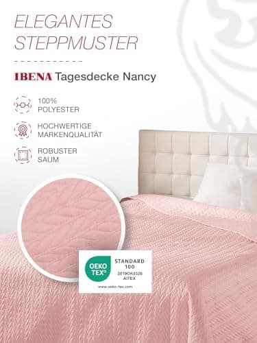 Ibena Nancy Tagesdecke 220x250 cm - Leichte Rosa Decke mit Zopfmuster für Luxuschlaf