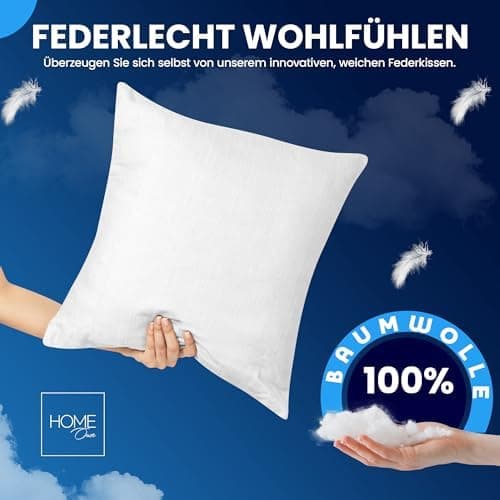 Federkissen 80x80 cm (2er Set) - 100% Federfüllung & Bauwolle Bezug, Oeko-Tex, Made in Germany,ideal für Allergiker & Ki