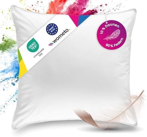 Wometo Premium Oeko-TEX Feder- & Daunenkissen - 80x80 cm, 90% Federn 10% Daunen, 1200 g Füllung Baumwolle Bezug, weiß (F