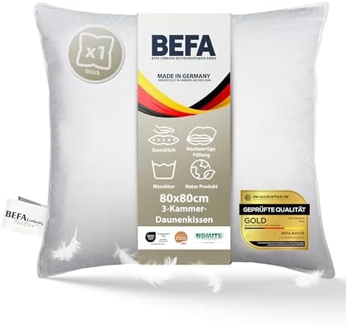 BEFA NATUR Allergiker geeignet 3-Kammer Daunenkissen 550g Füllgewicht 50x50 cm | Tierwohl Oeko-TEX Klasse 1 Made in Germ