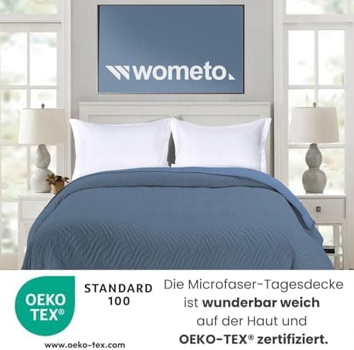 Wometo OekoTex Tagesdecke 220x240 cm gesteppt Wattiert Wende-Design XXL Bettüberwurf