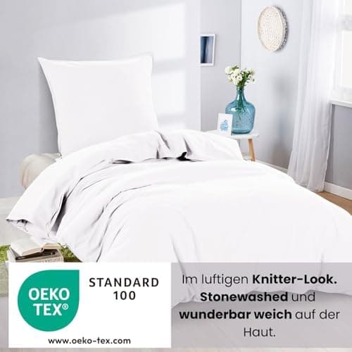 Wometo Bettwäsche Renforce Stone-Washed - Curry Gelb 100% Baumwolle OEKO-TEX Weich Modern Used-Look Leinen-Optik OEKO-TE