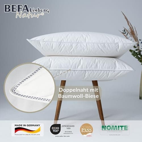 BEFA NATUR Allergiker geeignet 3-Kammer Daunenkissen 550g Füllgewicht 50x50 cm | Tierwohl Oeko-TEX Klasse 1 Made in Germ