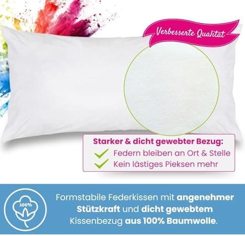 Wometo 2er Set Federkissen: 100% Federn, 40x60-600g, Oeko-TEX, Baumwollbezug, weiß, kleine Kopfkissen, 2 Stück, OEKO-TEX