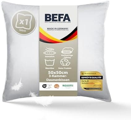 BEFA NATUR Allergiker geeignet 3-Kammer Daunenkissen 550g Füllgewicht 50x50 cm | Tierwohl Oeko-TEX Klasse 1 Made in Germ