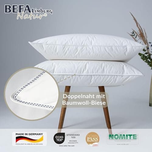 BEFA NATUR Allergiker geeignet 3-Kammer Daunenkissen 550g Füllgewicht 50x50 cm | Tierwohl Oeko-TEX Klasse 1 Made in Germ
