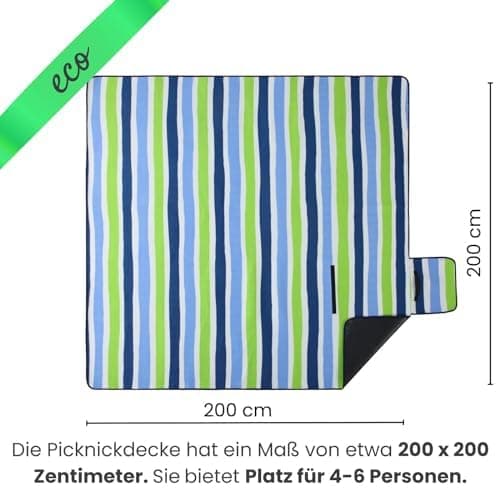 Eco-Line Nachhaltige Wasserdichte Picknickdecke XXL 100% Recycltes Fleece Outdoor-isoliert Streifen Blau HellblauGrün Wa