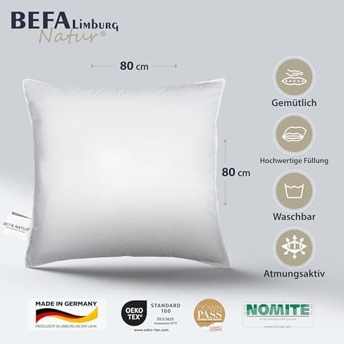 BEFA NATUR Allergiker geeignet 3-Kammer Daunenkissen 550g Füllgewicht 50x50 cm | Tierwohl Oeko-TEX Klasse 1 Made in Germ