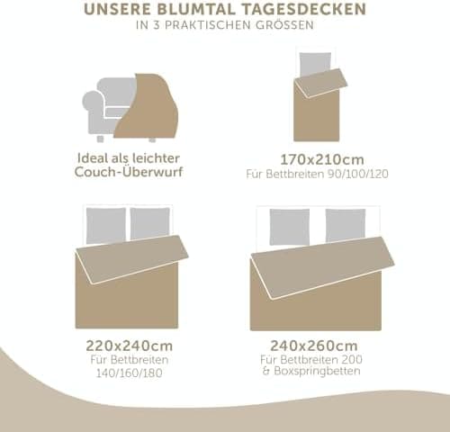 Blumtal Oeko-TEX zertifizierter Tagesdecke - Waschbar - Beige - 170x210 cm - Sofaüberwurf - Tagesdecke für Couch und Bet