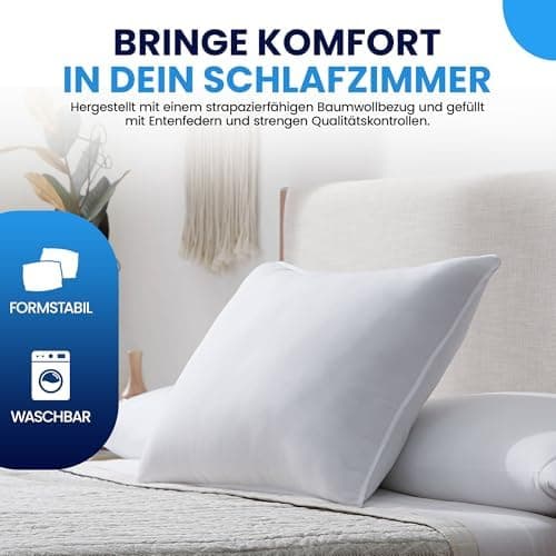 Federkissen 80x80 cm (2er Set) - 100% Federfüllung & Bauwolle Bezug, Oeko-Tex, Made in Germany,ideal für Allergiker & Ki