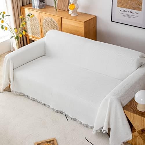 GAOWEI Premium Tagesdecke Grau - Multiwertige Sofa Cover 180x230cm - Dekorative Fransen, Groß Waffelmuster, als Bett- un