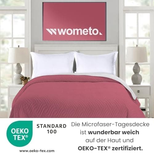 Wometo OekoTex Tagesdecke 220x240 cm gesteppt Wattiert Wende-Design XXL Bettüberwurf