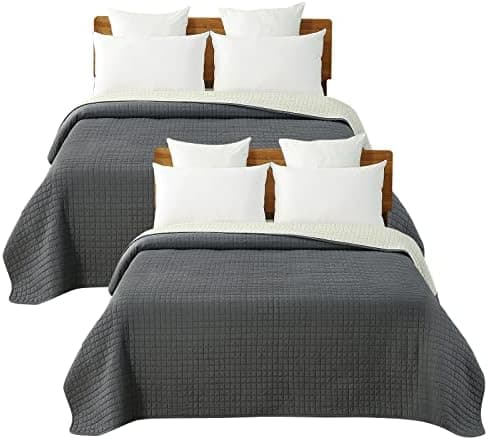WOLTU Tagesdecke Steppdecke Doppelbett Dunkelgrau-Crème 170x210 cm 360GSM Global Recycled Standard Kariert