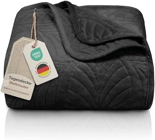 Gräfenstayn Premium Tagesdecke Anthrazit - weich, knitterfrei & pflegeleicht - Nahtlose Steppung & Blatt-Design - Bett &