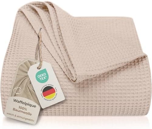 LAYNENBURG Premium Sommerdecke 150 x 200 cm - Waffelpique 100% Baumwolle - Creme OEKO-TEX STANDARD 100