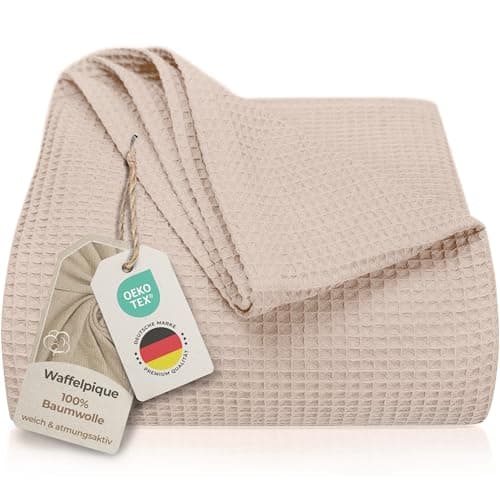 LAYNENBURG Premium Sommerdecke 150 x 200 cm - Waffelpique 100% Baumwolle - Creme OEKO-TEX STANDARD 100