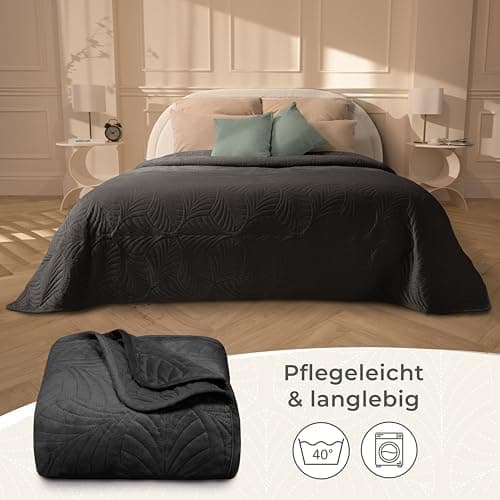 Gräfenstayn Premium Tagesdecke Anthrazit - weich, knitterfrei & pflegeleicht - Nahtlose Steppung & Blatt-Design - Bett &