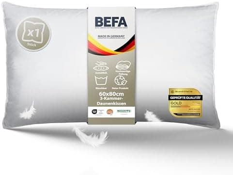 BEFA NATUR Allergiker geeignet 3-Kammer Daunenkissen 550g Füllgewicht 50x50 cm | Tierwohl Oeko-TEX Klasse 1 Made in Germ