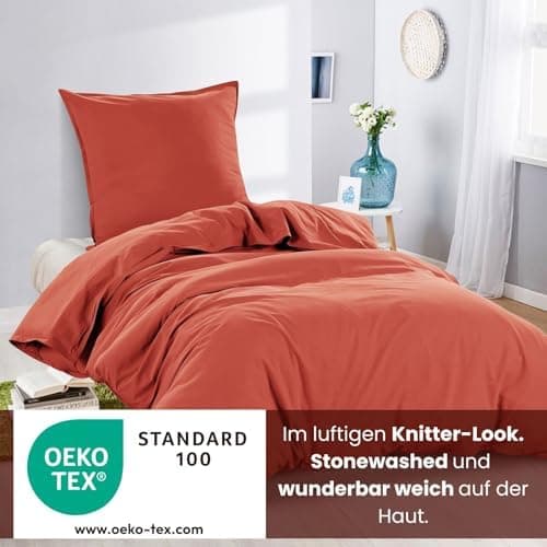 Wometo Bettwäsche Renforce Stone-Washed - Curry Gelb 100% Baumwolle OEKO-TEX Weich Modern Used-Look Leinen-Optik OEKO-TE