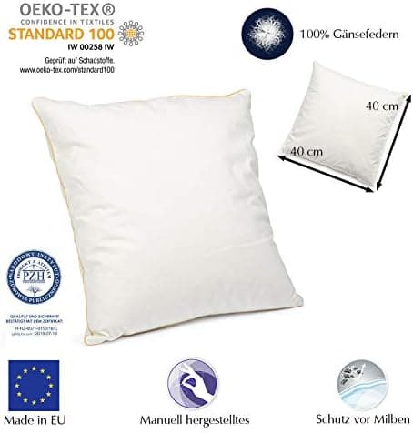 Federkissen 40x40 cm | 300g Kissenfüllung 100% Federn | OekoTex Zertifikat | Baumwollbezug | comfort pillow 40x40cm | Oe