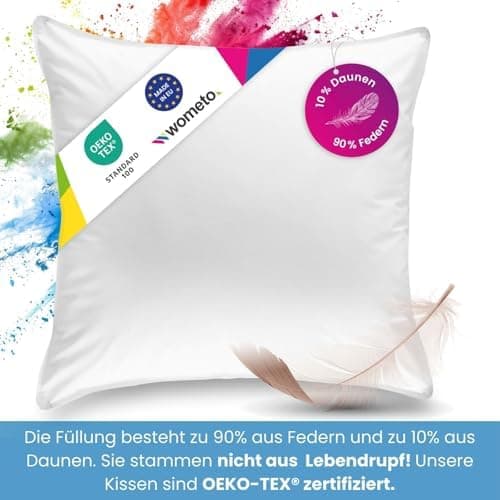 Wometo Premium Oeko-TEX Feder- & Daunenkissen - 80x80 cm, 90% Federn 10% Daunen, 1200 g Füllung Baumwolle Bezug, weiß (F