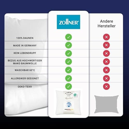 ZOLLNER Deluxe Daunenkissen - Hotelqualität – für Allergiker geeignet – Made in Germany - 40x40 cm - OEKO-TEX STANDARD 1