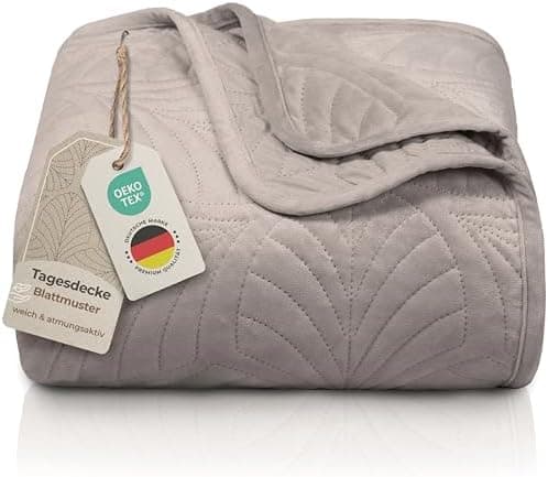 Gräfenstayn Premium Tagesdecke Anthrazit - weich, knitterfrei & pflegeleicht - Nahtlose Steppung & Blatt-Design - Bett &