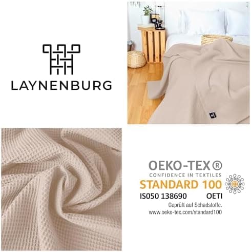 LAYNENBURG Premium Sommerdecke 150 x 200 cm - Waffelpique 100% Baumwolle - Creme OEKO-TEX STANDARD 100