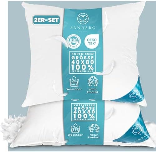 Kopfkissen 80x80 2er Set | Federkissen 100% Gänsefedern 80 x 80 cm, Öko-Tex Zertifiziert, Baumwollbezug (2000)