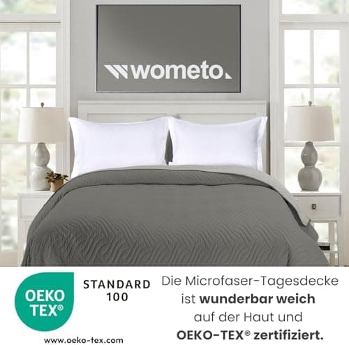 Wometo OekoTex Tagesdecke 220x240 cm gesteppt Wattiert Wende-Design XXL Bettüberwurf