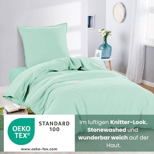Wometo Bettwäsche Renforce Stone-Washed - Curry Gelb 100% Baumwolle OEKO-TEX Weich Modern Used-Look Leinen-Optik OEKO-TE