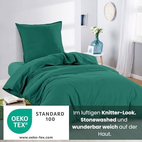 Wometo Bettwäsche Renforce Stone-Washed - Curry Gelb 100% Baumwolle OEKO-TEX Weich Modern Used-Look Leinen-Optik OEKO-TE