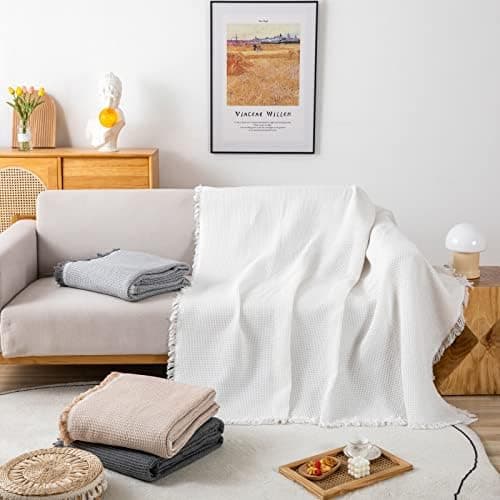 GAOWEI Premium Tagesdecke Grau - Multiwertige Sofa Cover 180x230cm - Dekorative Fransen, Groß Waffelmuster, als Bett- un